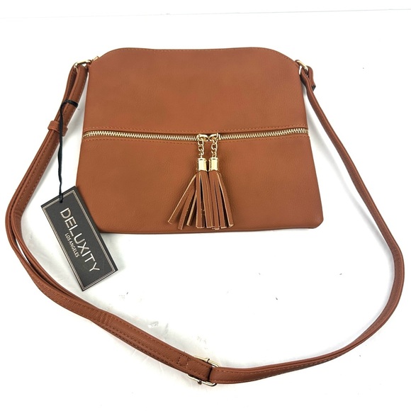 Deluxity Los Angeles Crossbody Bag Brown Tan Handbag Vegan Leather Brand New - Picture 1 of 9